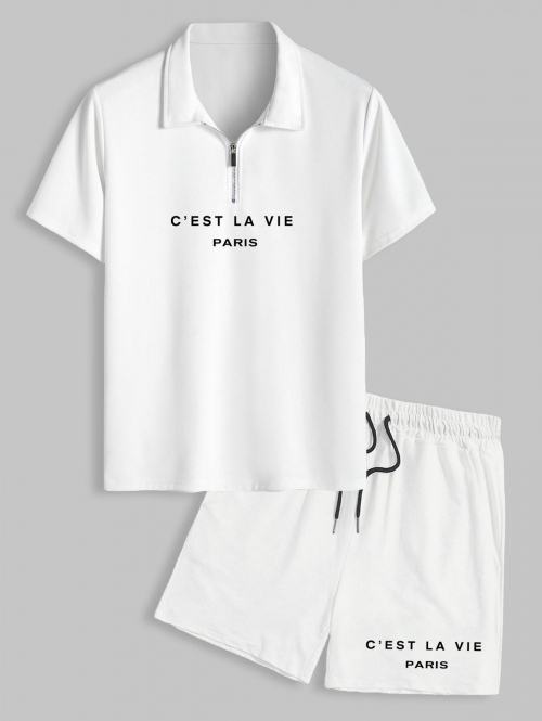 ZAFUL Men's C'EST LA VIE PARIS Print Polo Collar Half Zip T Shirt and Shorts Set White