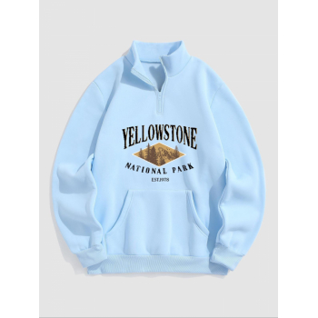 ZAFUL Men's YELLOWSTONE NATIONAL PARK Trees Graphic Pattern Quarter Zip Fleece-lined Sweatshirt L Light blue