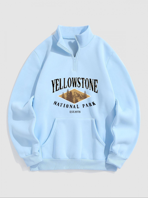 ZAFUL Men's YELLOWSTONE NATIONAL PARK Trees Graphic Pattern Quarter Zip Fleece-lined Sweatshirt L Light blue