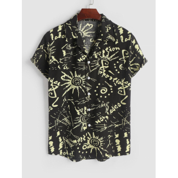 ZAFUL Men's Sun Letter Graffiti Printed Cotton and Linen Textured Shirt M Multi a