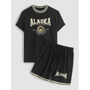 ZAFUL Men's ZAFUL Men's Preppy Casual Rib Collar ALASKA IS THE LAST FRONTIER Letter Eagle Graphic Short Sleeves T Shirt With Drawstring Shorts Set M B