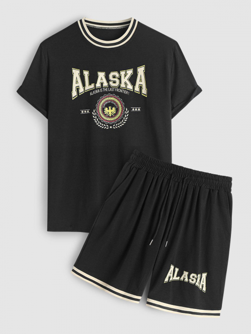 ZAFUL Men's ZAFUL Men's Preppy Casual Rib Collar ALASKA IS THE LAST FRONTIER Letter Eagle Graphic Short Sleeves T Shirt With Drawstring Shorts Set M B