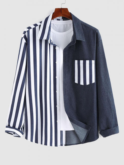 ZAFUL Men's ZAFUL Striped Pattern Denim Spliced Long Sleeves Shirt M Deep blue