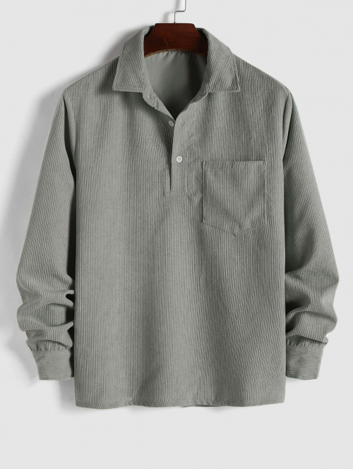 ZAFUL Men's ZAFUL Solid Color Half Button Pocket Corduroy Long Sleeves Collared Shirt L Light gray