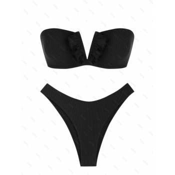 Women's ZAFUL V-wire High Leg Ruffles Textured Lace Up Bandeau Bikini Set Two Piece Swimwear S Black