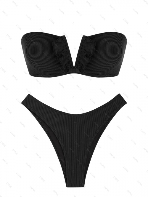 Women's ZAFUL V-wire High Leg Ruffles Textured Lace Up Bandeau Bikini Set Two Piece Swimwear S Black