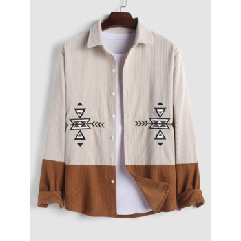 ZAFUL Men's ZAFUL Ethnic Geometric Pattern Embroidered Two Tone Corduroy Shirt M Light coffee