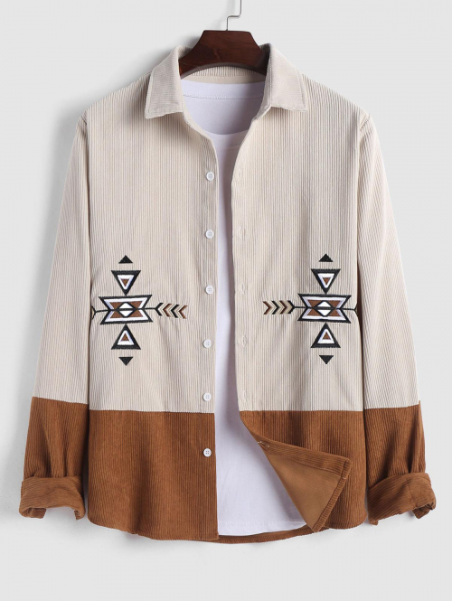 ZAFUL Men's ZAFUL Ethnic Geometric Pattern Embroidered Two Tone Corduroy Shirt M Light coffee