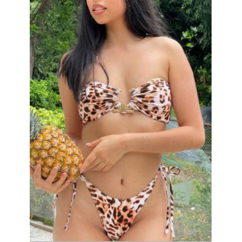 ZAFUL Tie Side Animal Leopard Metal Hardware Tanga Bandeau Bikini Swimwear M Multi a