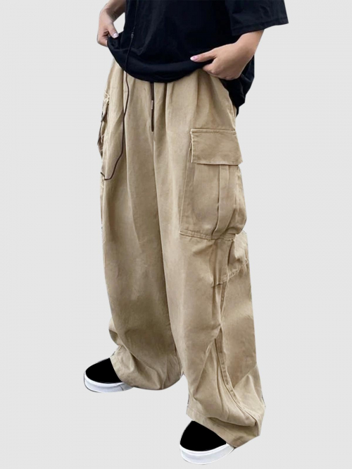 ZAFUL Men's ZAFUL Multi-pocket Wide Leg Streetwear Cargo Pants M Light coffee