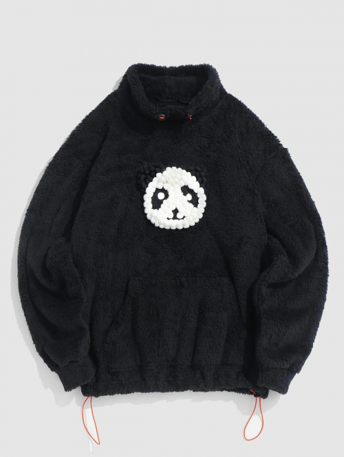 ZAFUL Men's Fluffy 3D Panda Applique Stand Collar Faux Fur Sweatshirt M Black