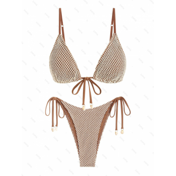 ZAFUL Women's Fishnet Mesh Tie Cami Shell Decor Triangle String Tanga Two Piece Bikini Swimwear M Coffee