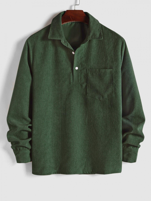 ZAFUL Men's ZAFUL Solid Color Half Button Pocket Corduroy Long Sleeves Collared Shirt L Deep green