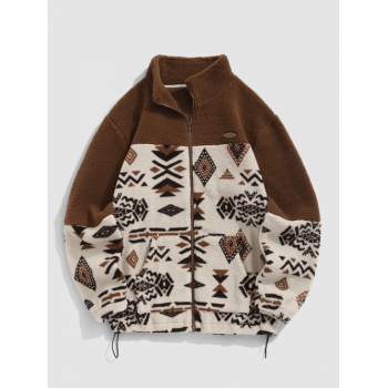 ZAFUL Men's ZAFUL Ethnic Aztec Printed Zip Fly Fluffy Jacket L Light coffee