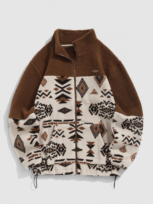 ZAFUL Men's ZAFUL Ethnic Aztec Printed Zip Fly Fluffy Jacket L Light coffee