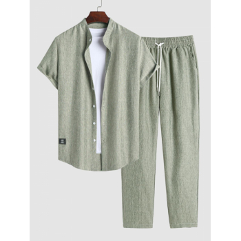 ZAFUL Men's Stand Collar Applique Decor Heathered Basic Shirt with Drawstring Pants Set Green