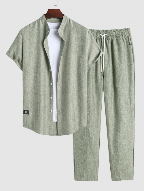 ZAFUL Men's Stand Collar Applique Decor Heathered Basic Shirt with Drawstring Pants Set Green