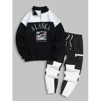 ZAFUL Men's Letter and Eagle Printed Quarter Zip Fleece Sweatshirt with Colorblock Beam Feet Cargo Pants Set Black