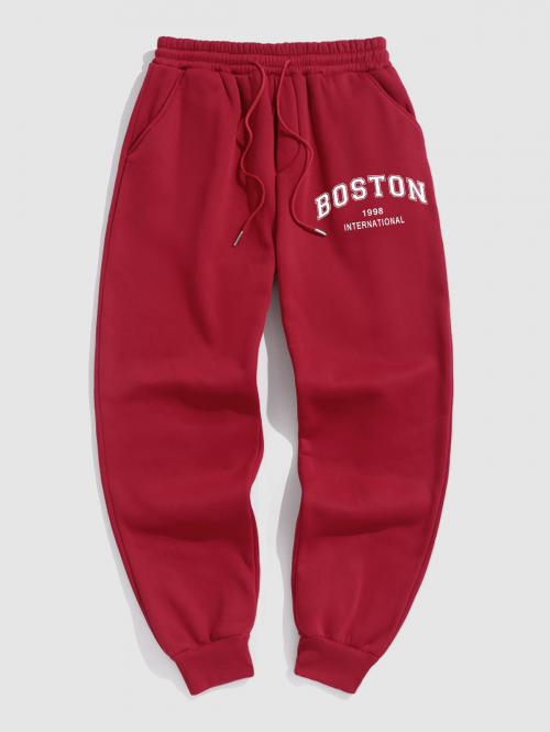 ZAFUL Men's BOSTON Letter Fleece Thermal Lined Jogger Sweatpants M Red