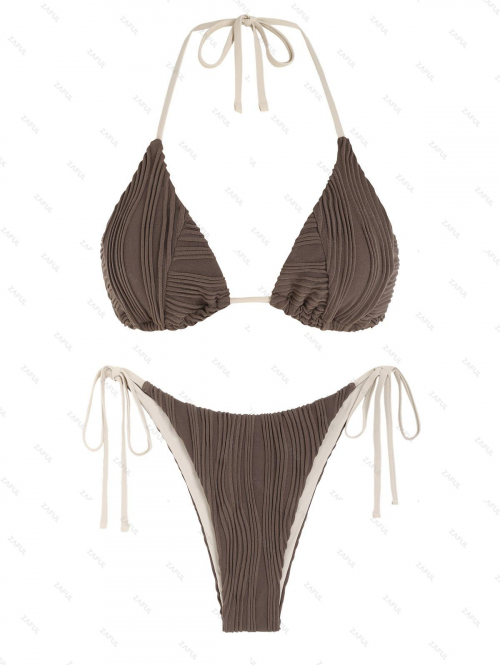 ZAFUL Halter Textured Tie Side Tanga Bikini Swimwear S Deep coffee