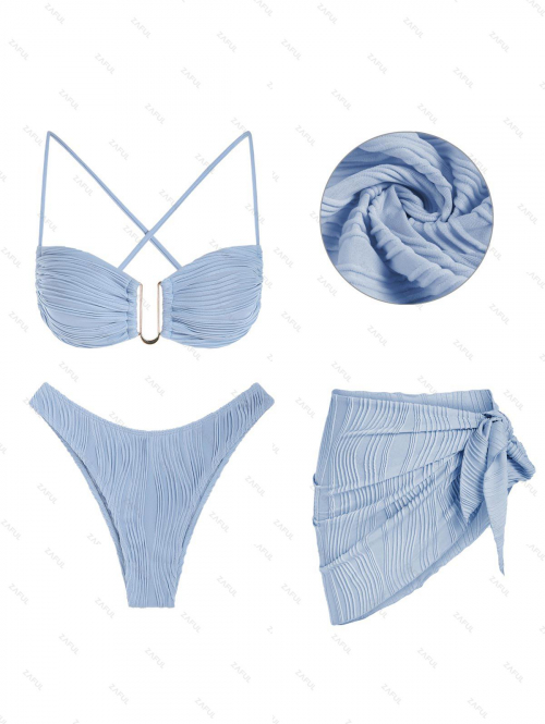 Women Three-Pieces U Metal Criss Cross High Leg Bikini Set With Beach Sarong 3PC Textured Swimwear Light blue