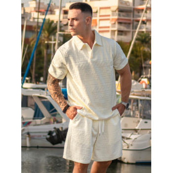 ZAFUL Men's Geometric Retro Jacquard Textured Quarter Button Short Sleeves Polo Collared T Shirt and Shorts Set Light yellow