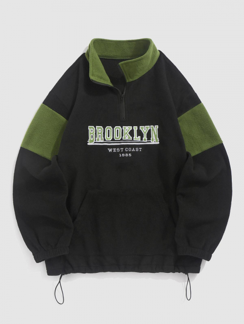 ZAFUL Men's Quarter Zip Colorblock BROOKLYN WEST COAST Embroidery Polar Fleece Thermal Lined Pullover Sweatshirt L Black