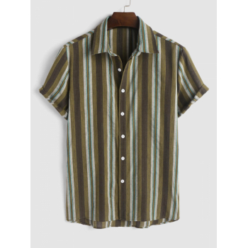 ZAFUL Men's Short Sleeves Vertical Striped Cotton and Linen High Low Beach Vacation Shirt L Coffee