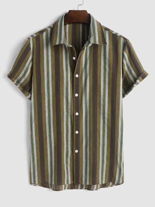 ZAFUL Men's Short Sleeves Vertical Striped Cotton and Linen High Low Beach Vacation Shirt L Coffee