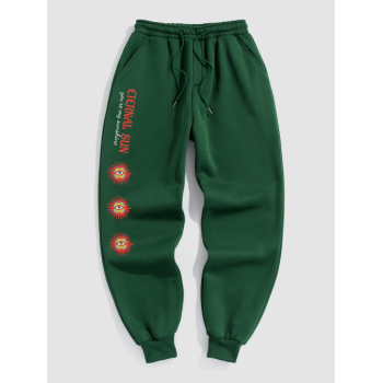 ZAFUL Men's Sun Eye Letter Print Beem Feet Thermal Lined Sweatpants M Deep green