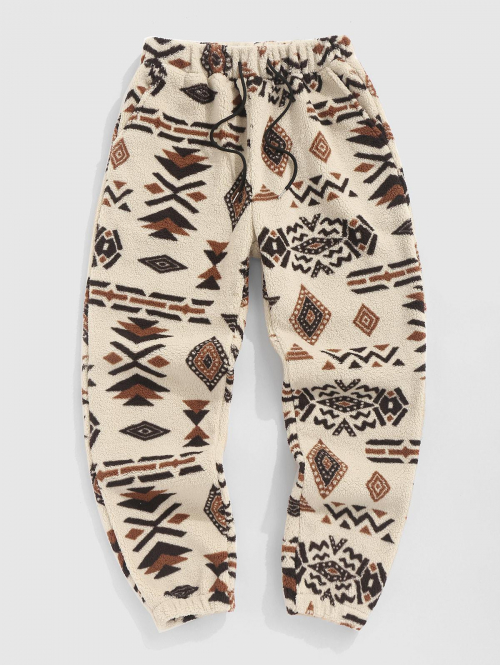 ZAFUL Men's ZAFUL Ethnic Aztec Printed Warmth Fuzzy Beam Feet Pants M Light coffee