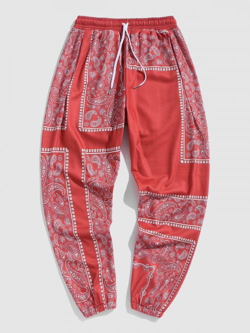 ZAFUL Men's Ethnic Paisley Scarf Print Beam Feet  Sweatpants 2xl Ruby red