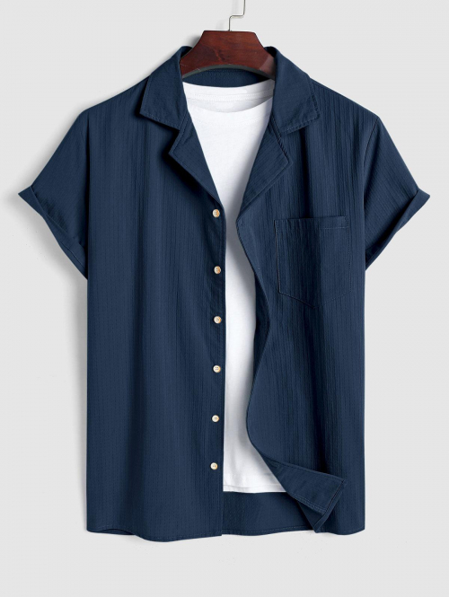 ZAFUL Men's ZAFUL Cotton and Linen Textured Front Pocket Short Sleeves Shirt S Deep blue