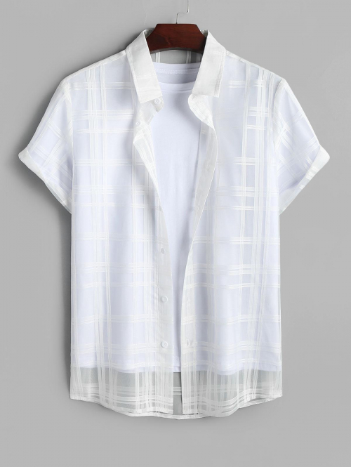 ZAFUL Men's ZAFUL Button Up Short Sleeves Plaid Sheer Organza Party Shirt M White