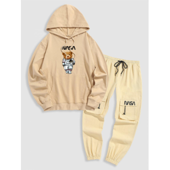 ZAFUL Men's Letter and Bear Pattern Streetwear Pullover Hoodie with Drawstring Beam Feet Cargo Pants Set Light coffee