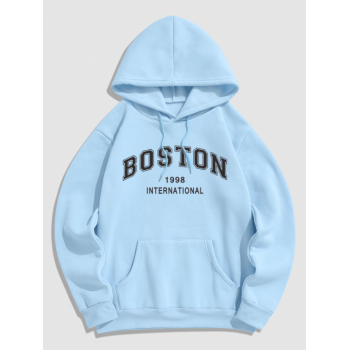 ZAFUL Men's Men's Daily Casual Letter BOSTON Graphic Print Drawstring Front Kangaroo Pocket Thermal Fleece Lined Pullover Hoodie M Light blue