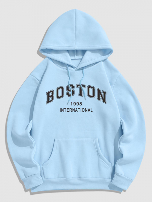 ZAFUL Men's Men's Daily Casual Letter BOSTON Graphic Print Drawstring Front Kangaroo Pocket Thermal Fleece Lined Pullover Hoodie M Light blue