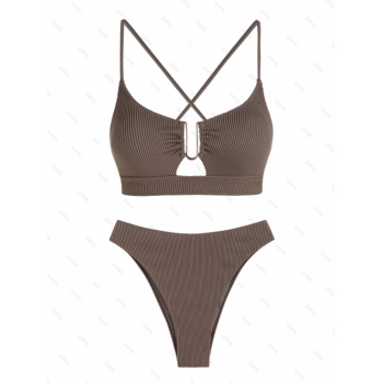 Fashion Women Tankinis ZAFUL Women's Textured Fabric Cut Out Solid Color Metal Decor U-wire Criss Cross Lace Up Back High Leg Cheeky Tankini Set Two P