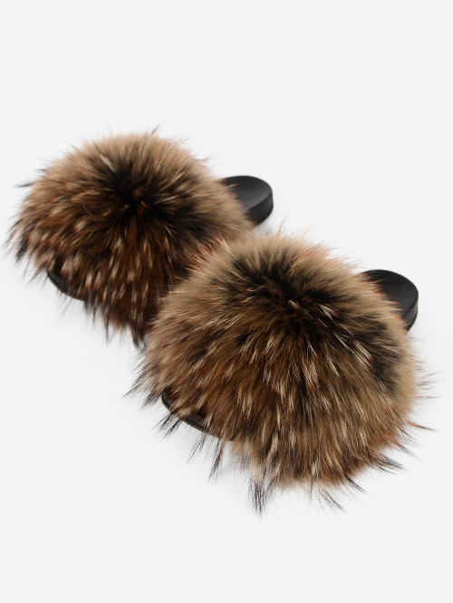 Women Fuzz Fluffy Furry Faux Fur Slip On Slides