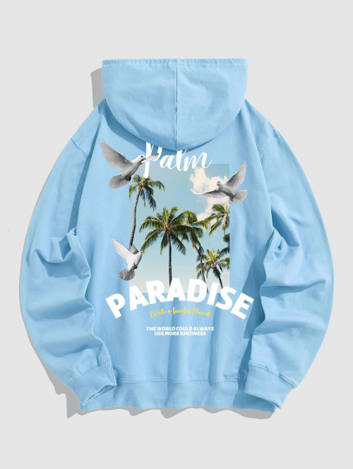 ZAFUL Men's Men's PARADISE Letter Coconut Tree Graphic Pattern Kangaroo Pocket Pullover Hoodie 2xl Light blue