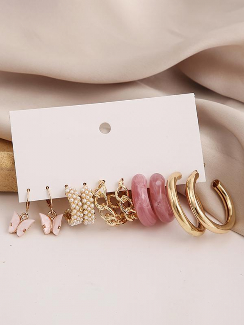 Cute Earrings Women's 5Pairs Butterfly Shape Metal Faux Pearls Clip On Drop Earrings Set By ZAFUL