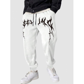 ZAFUL Men's Men's Gothic Strange Printed Thermal Fleece-lined Slant Pocket Drawstring Jogger Pants M White