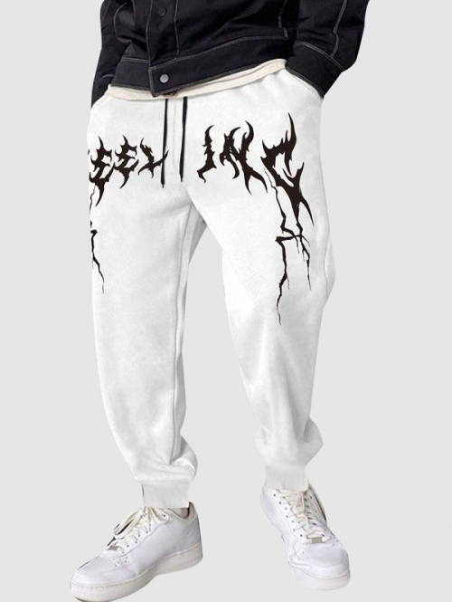 ZAFUL Men's Men's Gothic Strange Printed Thermal Fleece-lined Slant Pocket Drawstring Jogger Pants M White