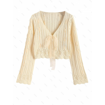 Women Beach Women's Beach Vacation Openwork Bowknot Semi Sheer Tie Front V Neck Scalloped Crop Swim Cover Up Cardigan L Light yellow