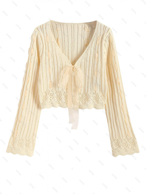 Women Beach Women's Beach Vacation Openwork Bowknot Semi Sheer Tie Front V Neck Scalloped Crop Swim Cover Up Cardigan L Light yellow