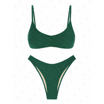 ZAFUL Women's Sexy Textured Ruched Spaghetti Strap Solid Color Tank Style Cheeky Bikini Set Matching Two Piece Swimwear L Deep green