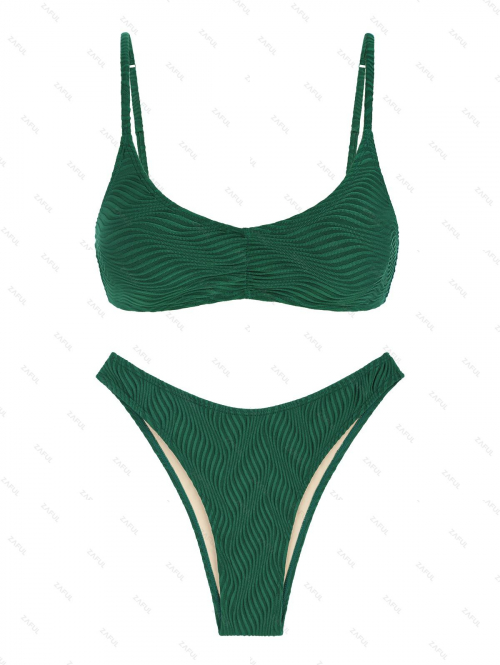 ZAFUL Women's Sexy Textured Ruched Spaghetti Strap Solid Color Tank Style Cheeky Bikini Set Matching Two Piece Swimwear L Deep green