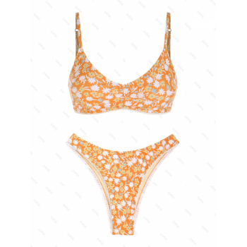 ZAFUL Women's Ditsy Floral Print Guipure Trim Ruched Adjustable Spaghetti Strap Tank Style Cheeky Bikini Set Matching Two Piece Swimwear S Orange