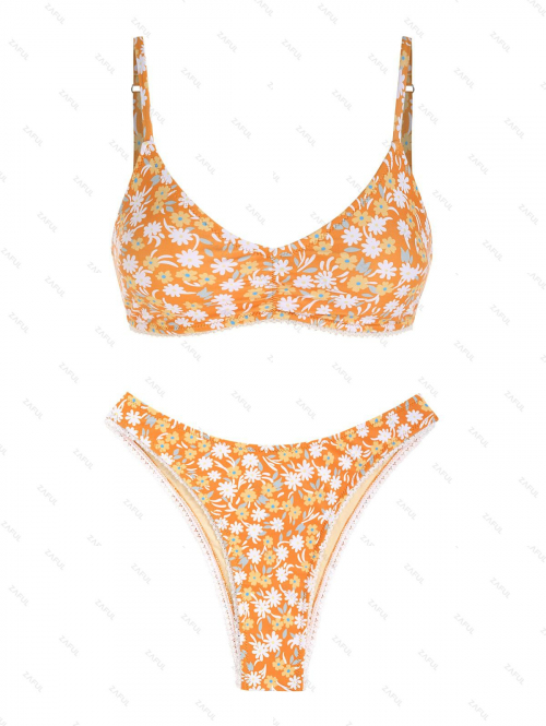 ZAFUL Women's Ditsy Floral Print Guipure Trim Ruched Adjustable Spaghetti Strap Tank Style Cheeky Bikini Set Matching Two Piece Swimwear S Orange