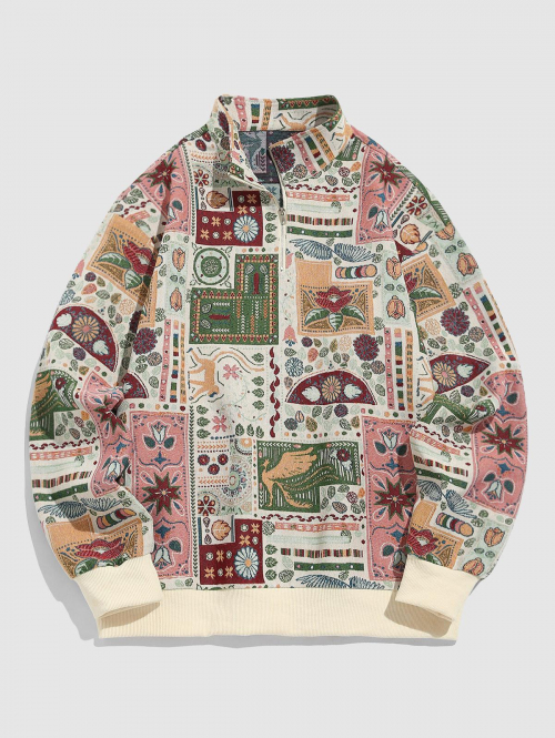 ZAFUL Men's ZAFUL Men's Ethnic Style Daily Floral Monkey Graphic Patchwork Jacquard Half Zip Stand Collar Pullover Jacket L